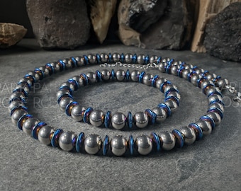 Bundel: blauwe hematiet titanium armband kettingset, klasse 2 titanium sieraden