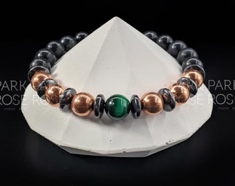 Authentic Shungite, Pure Coated Copper & Hematite Bracelet Featuring Moonstone, Tiger's Eye (8mm) | Bracelets for Men