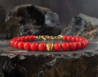 Red Coral Clasp Bracelet with 24K Solid Gold Cat Eye Bead (5mm)