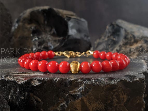 Red Coral Clasp Bracelet with 24K Solid Gold Cat Eye Bead (5mm)
