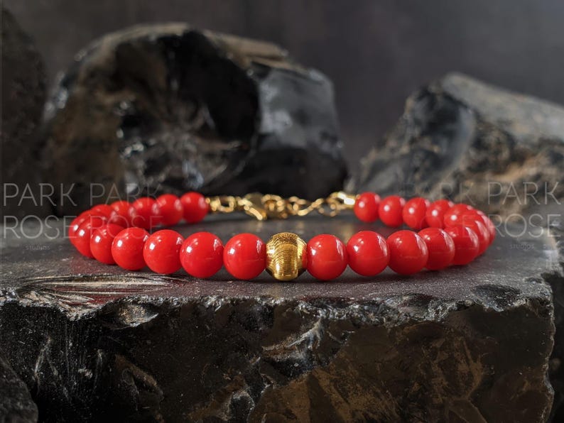 Red Coral Clasp Bracelet with 24K Solid Gold Cat Eye Bead (5mm) 1 Gold Ball