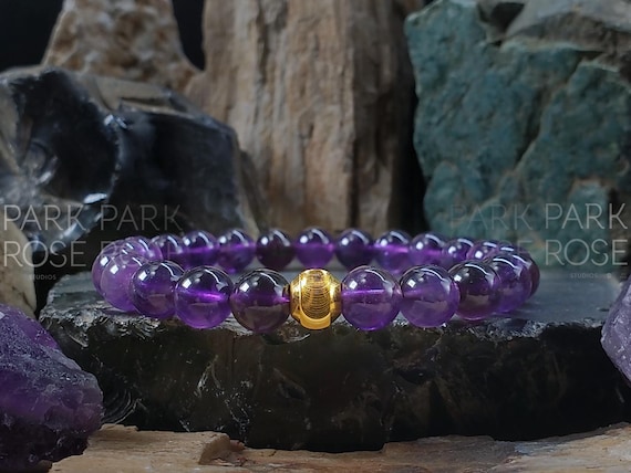 AAAA Amethyst Bracelet: 24K Gold Cat Eye Bead, February Birthstone