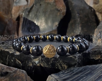 Black Tourmaline Gemstone Bracelet: Stainless Steel Evil Eye Charm (8mm)