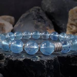Aquamarine Black Tourmaline Bracelet: Handmade Gemstone Jewelry, Stainless Steel Accents