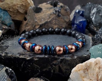 Real Shungite, Pure Coated Copper & Blue Heishi Hematite Gemstone Bracelet (8mm)