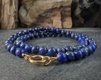 Natural Untreated AAA Chilean Lapis Lazuli Carabiner Necklace: 8mm, Keshi Pearl Pendant
