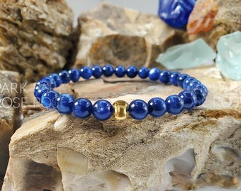 Blue Kyanite Bracelet with 24K Gold Cat Eye Bead - December Birthstone