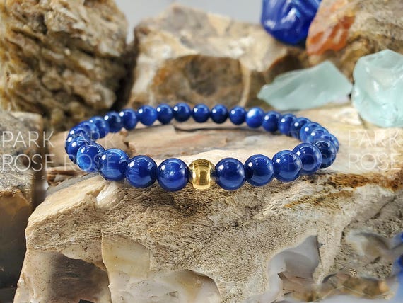 Blue Kyanite Bracelet with 24K Solid Gold Cat Eye Bead