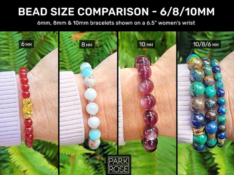 May include: A comparison of bead sizes for bracelets, showing 6mm, 8mm, and 10mm beads on a wrist. The bracelets are made with red, blue, and purple beads.