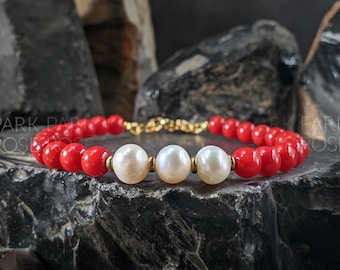 Red Coral & Baroque Pearl Bracelet: 24k Gold Coated or Stainless Steel Accent