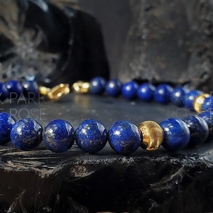 Lapis Lazuli Bracelet with 24K Solid Gold Cat Eye Beads (6mm) image 3