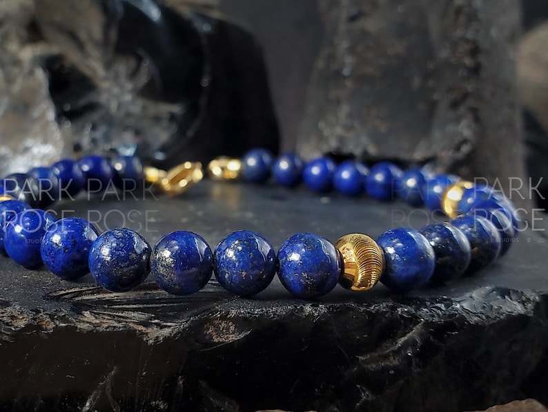 Lapis Lazuli Bracelet with 24K Solid Gold Cat Eye Beads (6mm) image 3