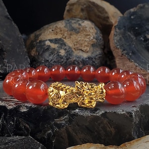 Red Carnelian & 24K Gold Plated Pi Xiu Bracelet (6mm, 8mm or 10mm ...