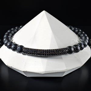 Shungite & Zirconia Bar Bracelet (6mm) Stacking Jewelry | Real Shungite, Black Gemstone Bracelets