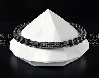 Shungite & Zirconia Bar Bracelet (6mm) Stacking Jewelry | Real Shungite, Black Gemstone Bracelets