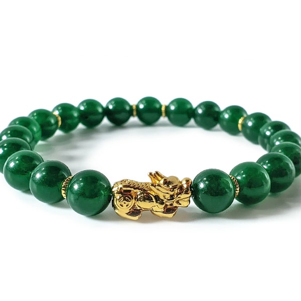 Green Jade & 24K Gold Plated Pixiu Bracelet - Good Luck, Fortune, Money, Feng Shui (8mm) Piyao Bracelet