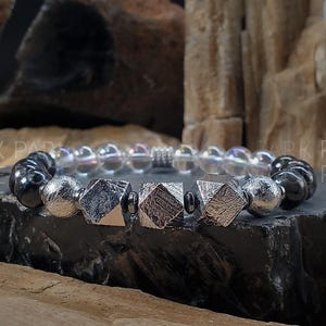 Gibeon Meteorite Bracelet: Angel Aura Quartz & Arfvedsonite (8mm)