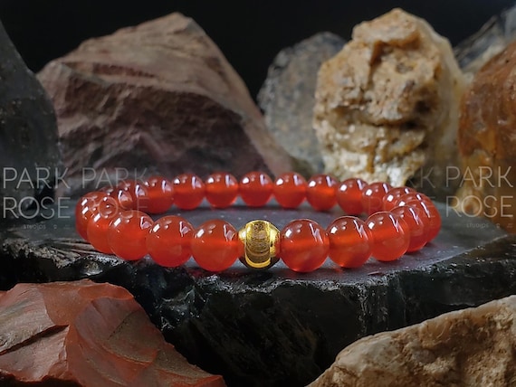 Red Carnelian Bracelet: 24K Gold Cat Eye Bead, Handmade Jewelry