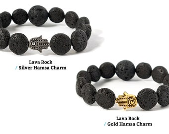 Hamsa Hand Black Lava Nausea Relief Diffuser Bracelets Set of 2