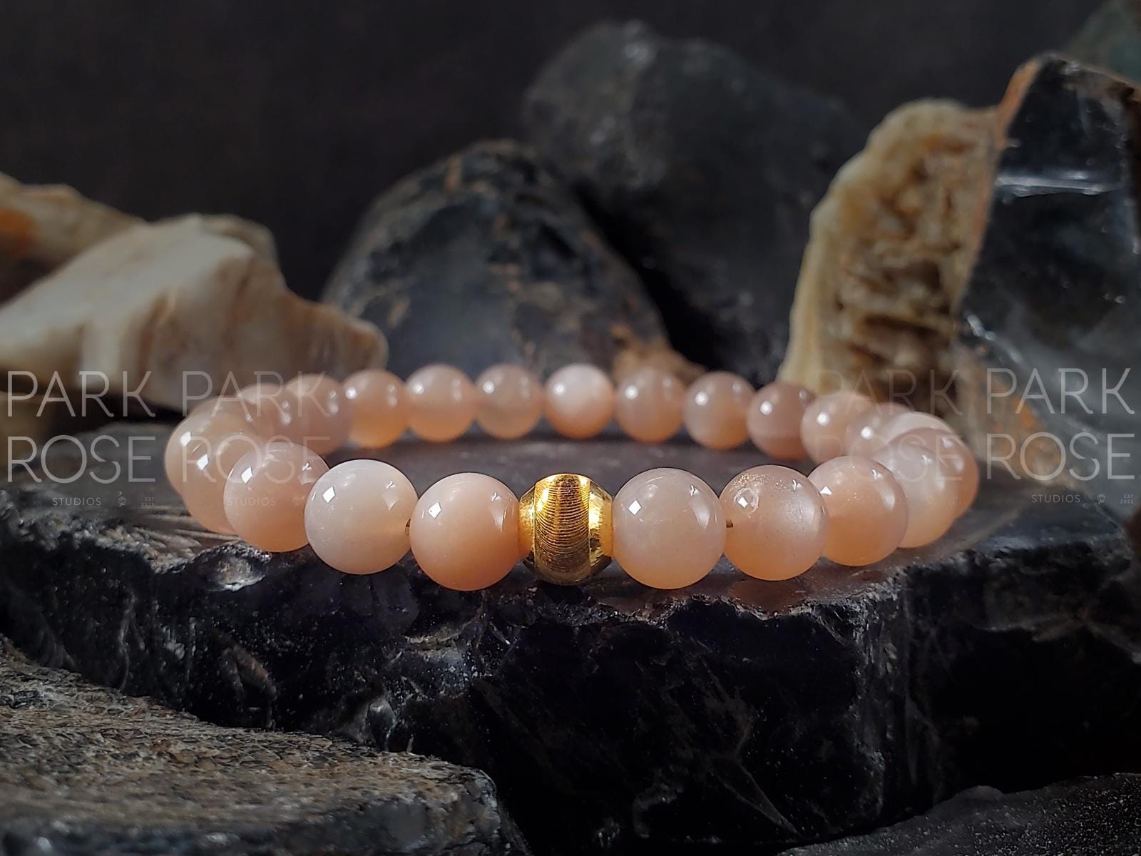 アフリカ産 サンストーン × K10ビーズ 天然石ビーズブレスレット 24Kゴールドキャッツアイビーズアフリカサンストーンブレスレット