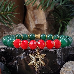 Christmas Bracelet - 5A Tanzania Green Jade & Faceted Red Czech Glass | Pick Charm: Snowflake, Reindeer, Stocking or Christmas Tree