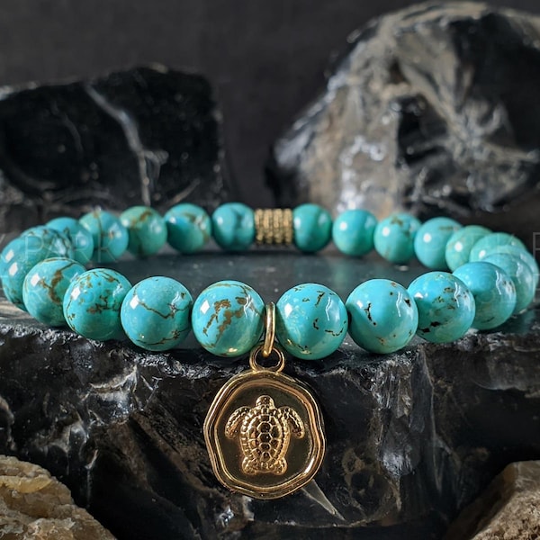 Pulsera de cuentas de tortuga turquesa natural, joyería hipoalergénica, 8 mm