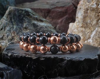Set of 2 - Shungite & Pure Coated Copper Bracelet Stack, Authentic Shungite, Real Copper, Shungite Jewelry, Copper Jewelry