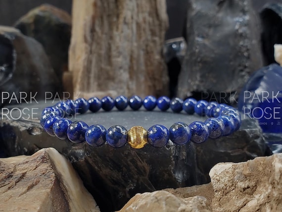 Lapis Lazuli Bracelet with 24K Solid Gold Cat Eye Bead - December Birthstone (6mm)