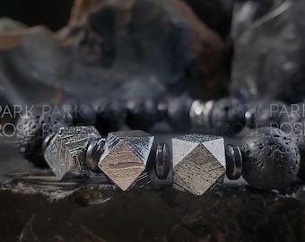Pulsera de meteorito Gibeon certificado + roca de lava negra - Joyería difusora (10 mm)