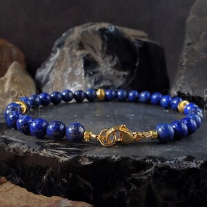 Lapis Lazuli Bracelet with 24K Solid Gold Cat Eye Beads (6mm) image 4