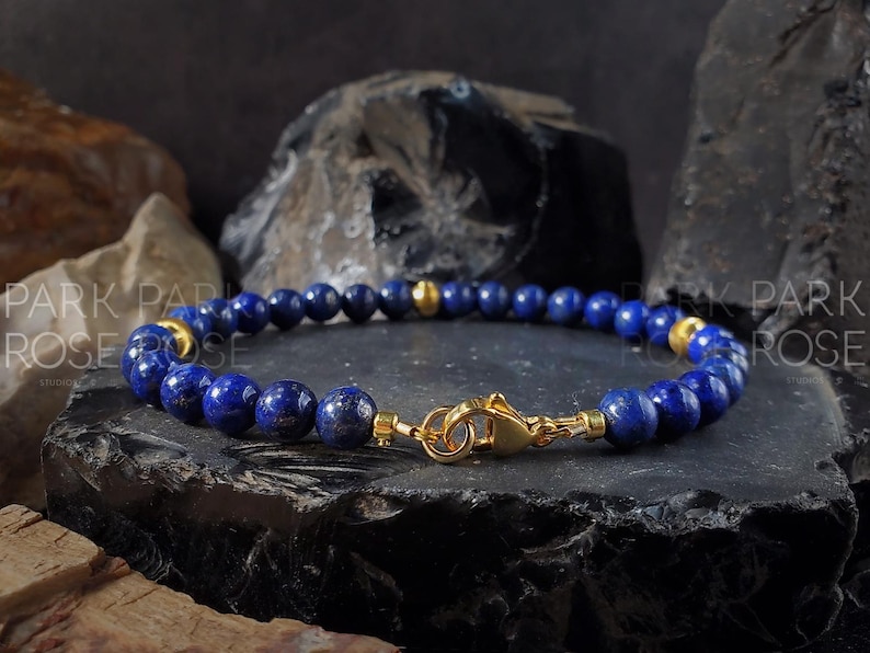 Lapis Lazuli Bracelet with 24K Solid Gold Cat Eye Beads (6mm) image 4