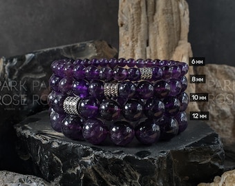 Natural Brazil Dark Amethyst Bracelet: February Birthstone (6/8/10/12mm)