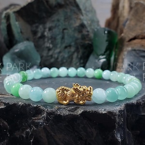 Burma Jadeite Bracelet: 24K Gold Plated Pixiu Charm, Gemstone Jewelry (6mm)