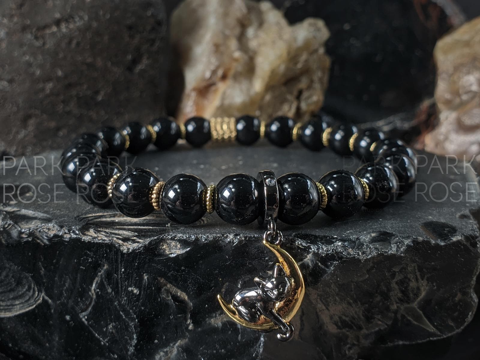 ブラックトルマリンブレスレット：スターリングシルバーの「月の猫