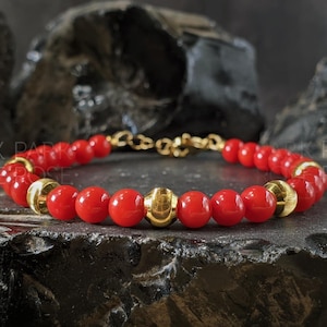 Red Coral Clasp Bracelet with 24K Solid Gold Cat Eye Bead (5mm) 5 Gold Balls
