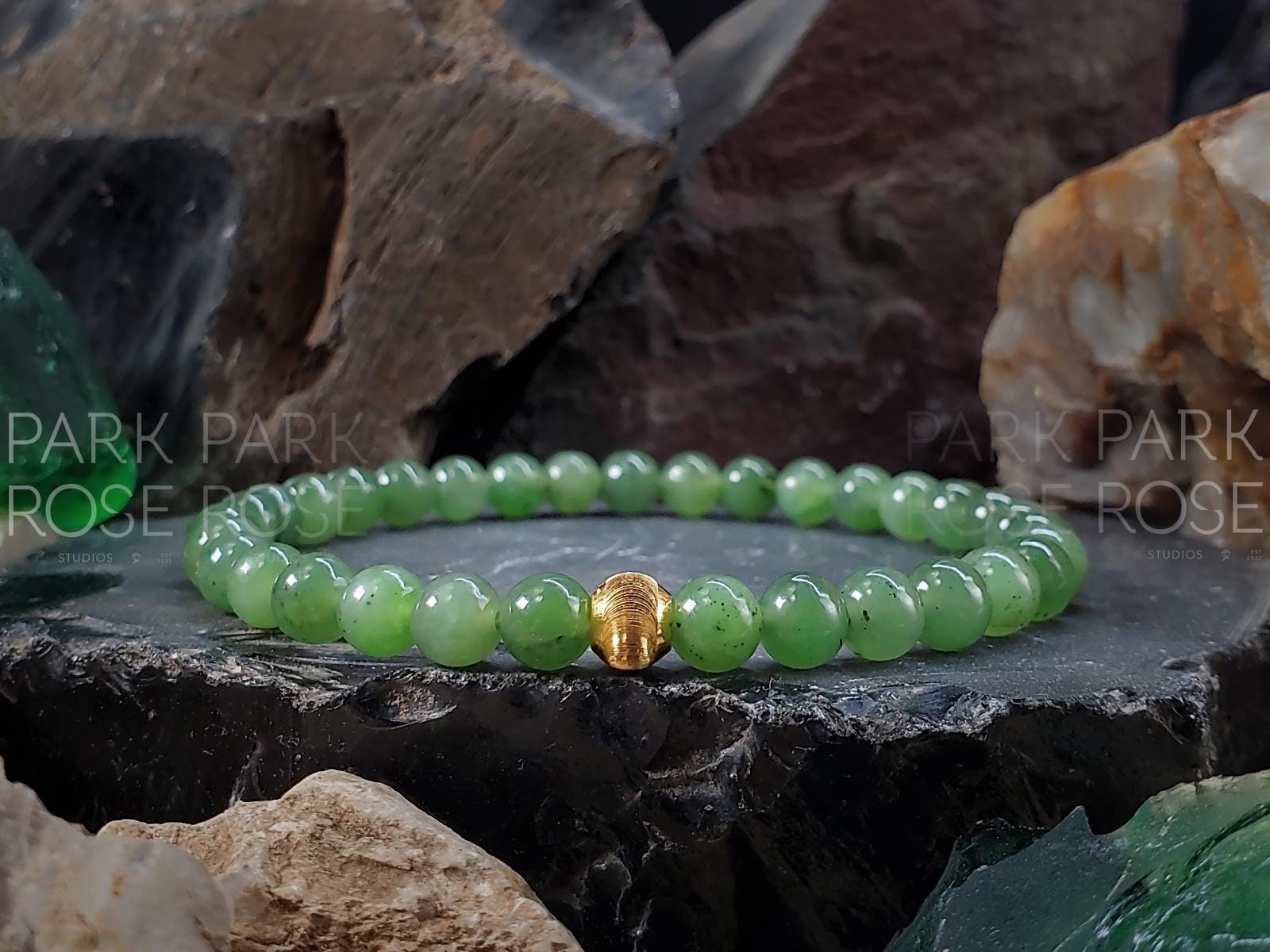 Nephrite Green Jade Bracelet + 24K Solid Gold Cat Eye Bead