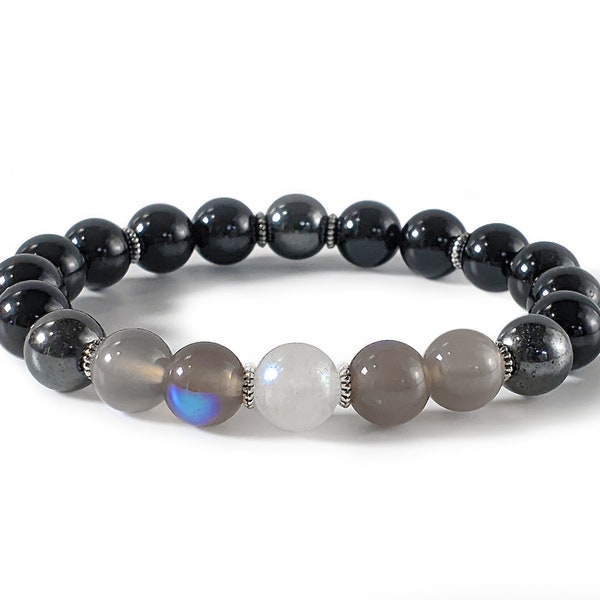 Moonstone, Grey Moonstone, Hematite & Black Tourmaline Bracelet - Strength, Protection, Stability (8mm)