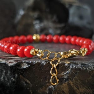 Red Coral Clasp Bracelet with 24K Solid Gold Cat Eye Bead (5mm) image 5