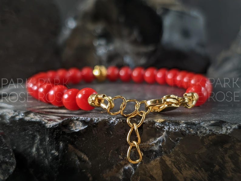 Red Coral Clasp Bracelet with 24K Solid Gold Cat Eye Bead (5mm) image 5