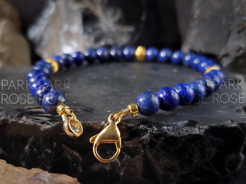 Lapis Lazuli Bracelet with 24K Solid Gold Cat Eye Beads (6mm) image 6