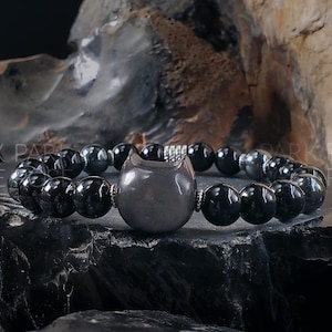 Cat Lovers Bracelet - Obsidian, Black Tourmaline, Hematite (8mm) | Stacking Crystal Jewelry | Cat Head Charm, Obsidian Cat Head