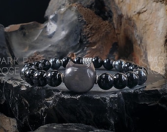 3インチ天然彫刻シルバーオブシディアン九尾狐、水晶、水晶スカル