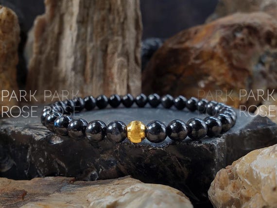 Arfvedsonite Bracelet: Pure 999 24K Solid Gold Cat Eye Bead, Handmade Jewelry (6mm)