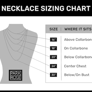 May include: Necklace sizing chart with a mannequin showing necklace lengths from 16" to 30". The chart indicates where each length sits on the body: above collarbone, on collarbone, below collarbone, center chest, and below/on bust. The brand logo is at the bottom.