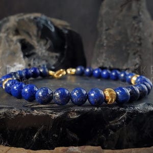 Lapis Lazuli Bracelet with 24K Solid Gold Cat Eye Beads (6mm) image 1