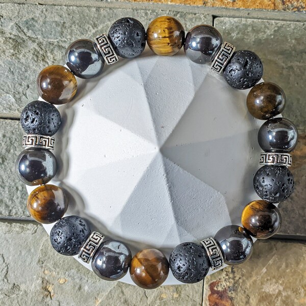 Triple Protection Bracelet: Lava Rock, Yellow Tiger's Eye, Hematite - Courage, Strength, Bravery (10mm)