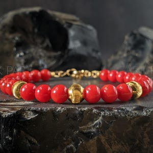 Red Coral Clasp Bracelet with 24K Solid Gold Cat Eye Bead (5mm) 3 Gold Balls