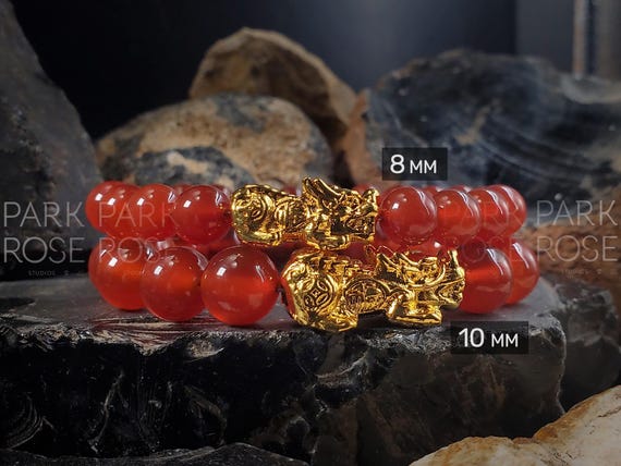 Red Carnelian Bracelet: 24K Gold Plated Pi Xiu, Feng Shui Jewelry