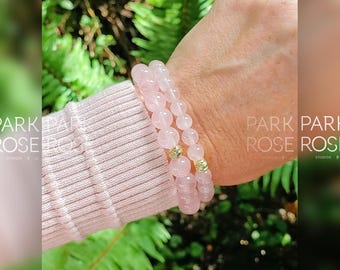 AAAAA Madagascar Rose Quartz Bracelet With 24K Gold Plated or Silver Weave Spacer (6mm or 8mm) | Rose Quartz Jewelry