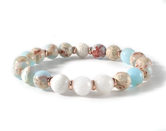 Aqua Terra Jasper, Moonstone, Lava, 24K Rose Gold Bracelet - Calming, Anxiety Relief (8mm)